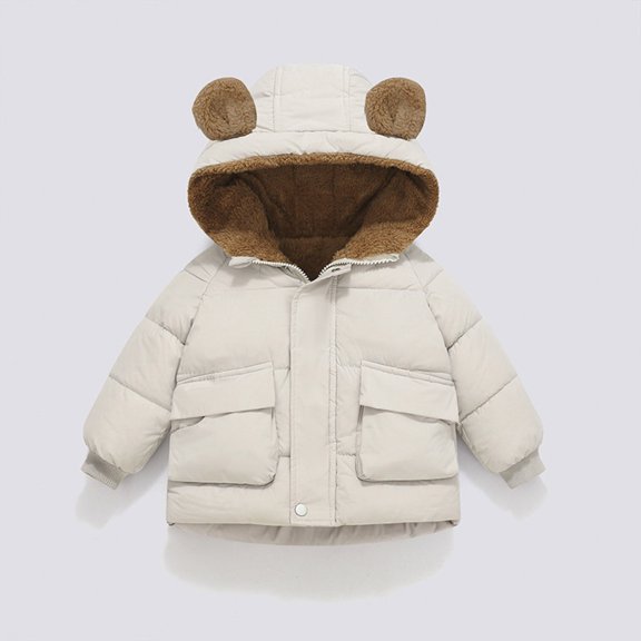 CPNG Toddler Boys Girls Winter Coat Down Jacket Hooded Padded Fleece Solid Color Coats with Pockets Warm Outwear 3D Ear Padded Puffer Jacket
