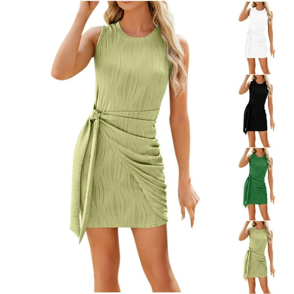 HVOBTTY Womens Comfy Daily Bodycon Dresses, Summer Dresses for Women, Womens Casual Sleeveless Solid Color Crew Neck Tank Knee Length Midi Dresses White, S