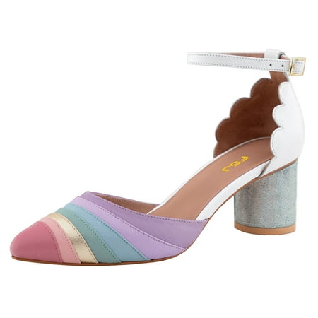 FSJ Women Chic Block Chunky Low Heels Pumps Rainbow Pointed Closed Toe Ankle Strap Buckle D Orsay Sandals Multicolor Ladies Party Office Shoes Size 5 White Rainbow