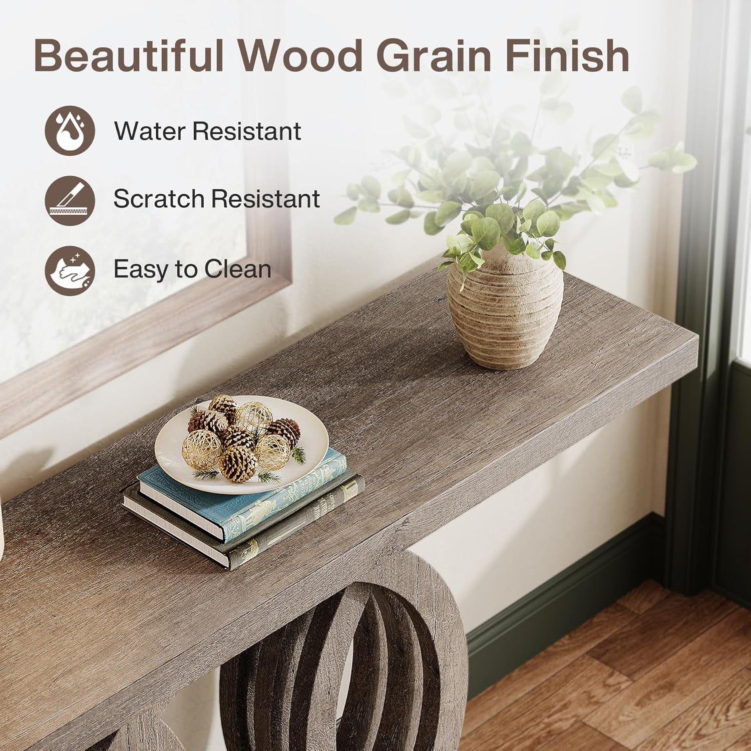 Finmind 55" Console Table with Geometric Wood Base, Modern Entryway Table, Brown