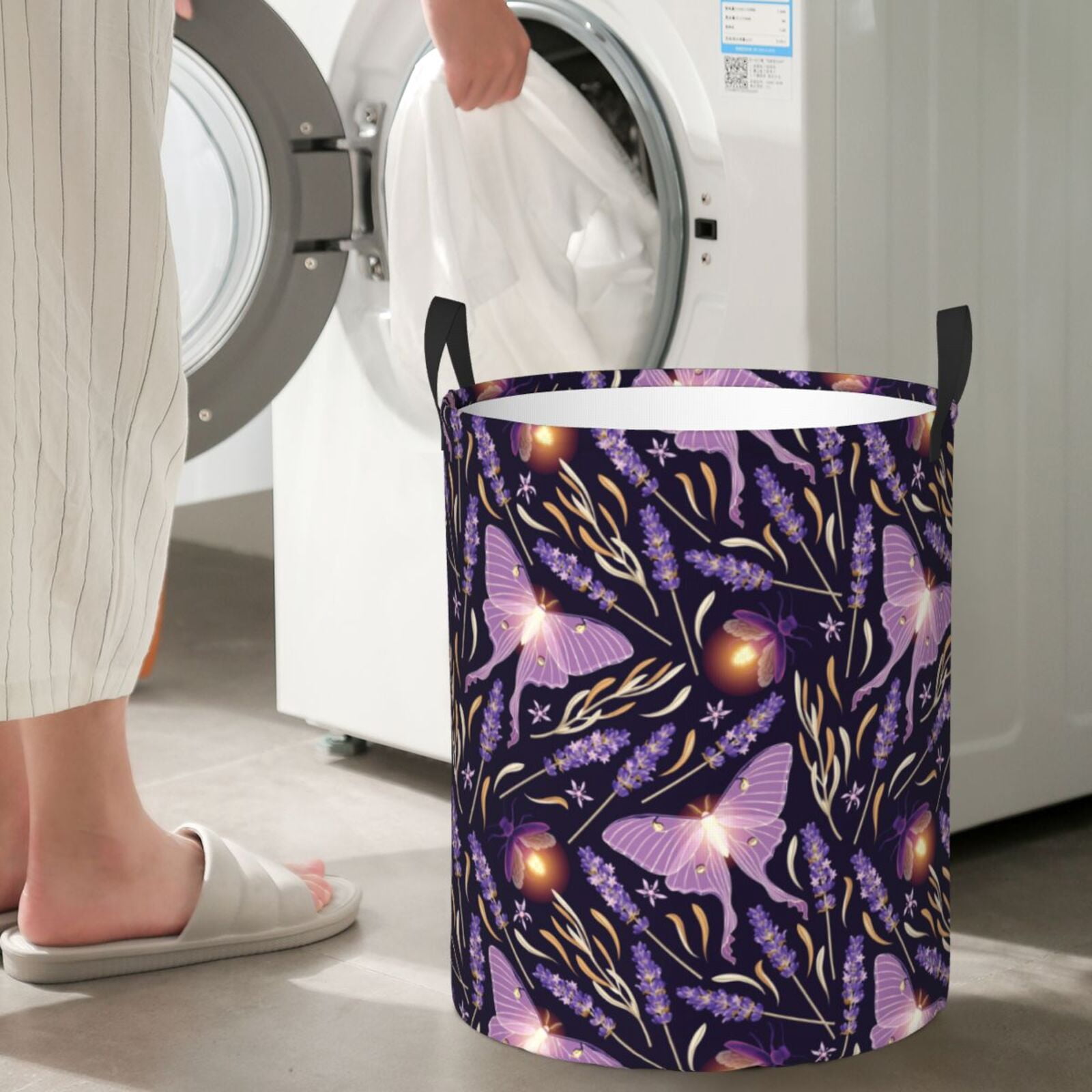 Large Laundry Basket with Handles - Lavender Flowers Glowing Butterfly Kids Baby Dirty Clothes Laundry Hamper for Bedroom Aesthetic