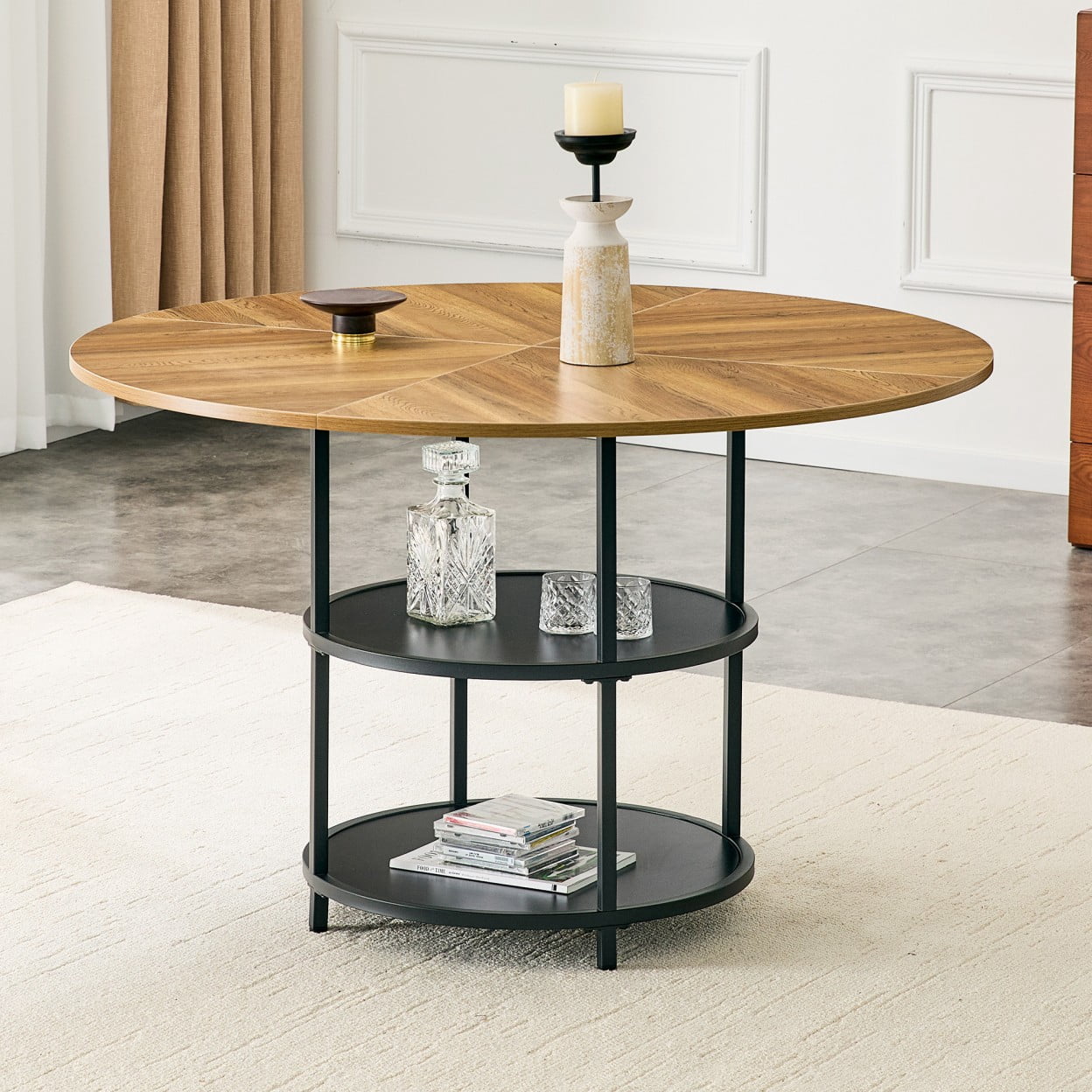 47.3" Round Dining Table for 4-6, Modern Farmhouse Kitchen Table with Double Layer Storage Shelf, Wood MDF Top, Metal Base for Dining Room