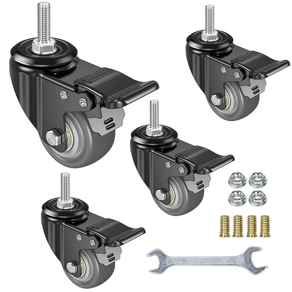 2 Inch Swivel Caster Wheels Set of 4, Metric M8-1.25 Threaded stem(Bolt Diameter 8mm, Length:1″) Durable Soft Rubber casters with Double Lock Mechanism, castors for Carpet Hardwood Floor