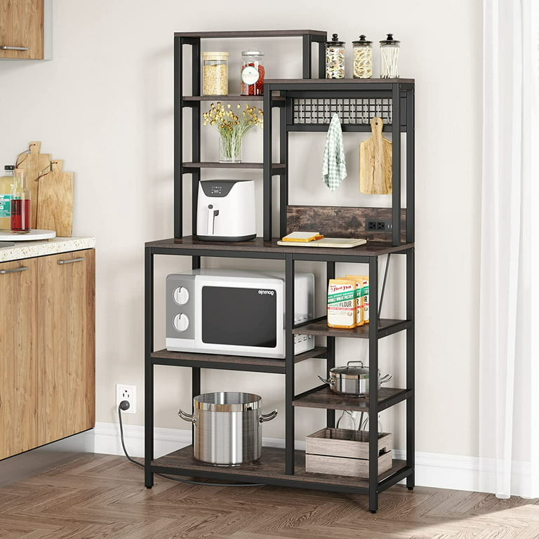EnHomee Bakers Rack with Power Outlet Kitchen Baker’s Racks with Storage  Shelves Microwave Stand with Wine Rack Heavy Duty Microwave Rack with 10