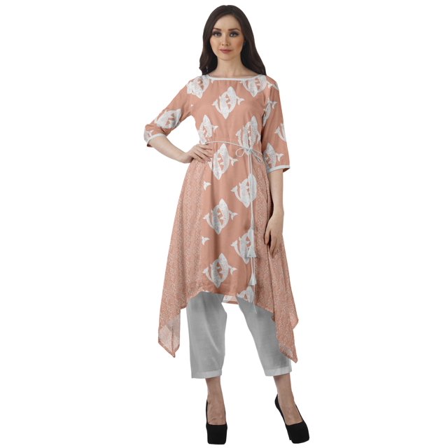Moomaya Ensemble Tunique Indienne Haut et Pantalon Manches 3/4 Imprimé Kurta Kurti de Designer pour Femmes