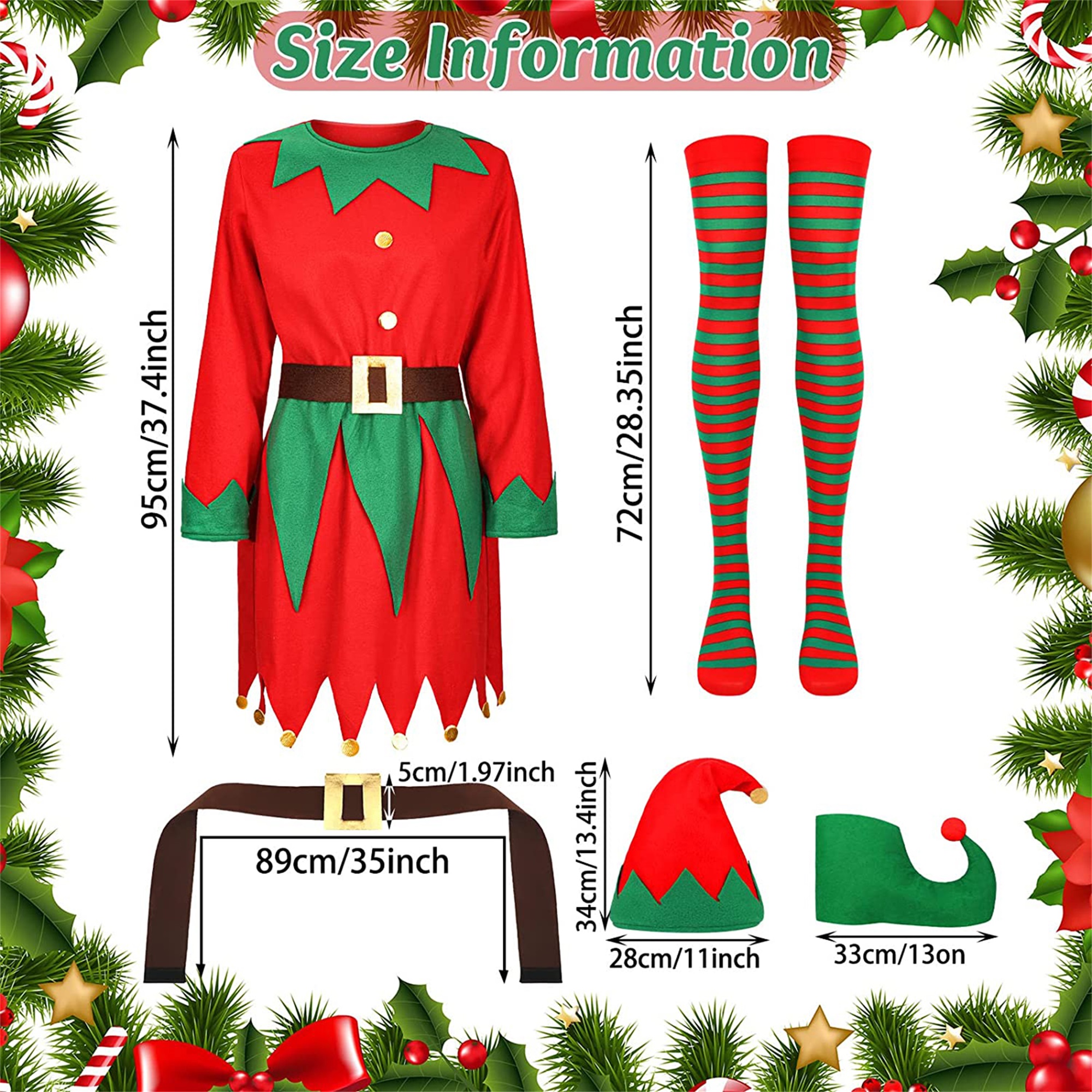 Douhoow Women Christmas Elf Girl Costume, Long Sleeve Dress+Hat+Shoes+Striped Stockings - image 5 of 9