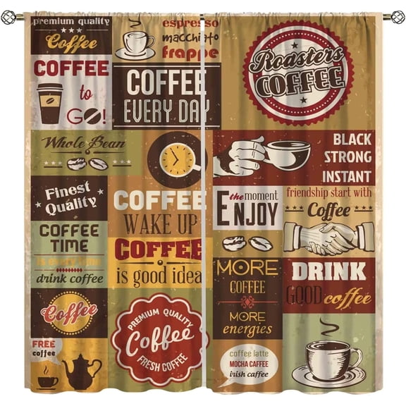 Coffee Kitchen Curtains,Coffee Theme Vintage Design Window Drapes for Bedroom Living Room Cafe Decor Home Decor Treatment Thermal Darkening Drapes Window Curtains Set 2 Panels 42 x 54 Inch