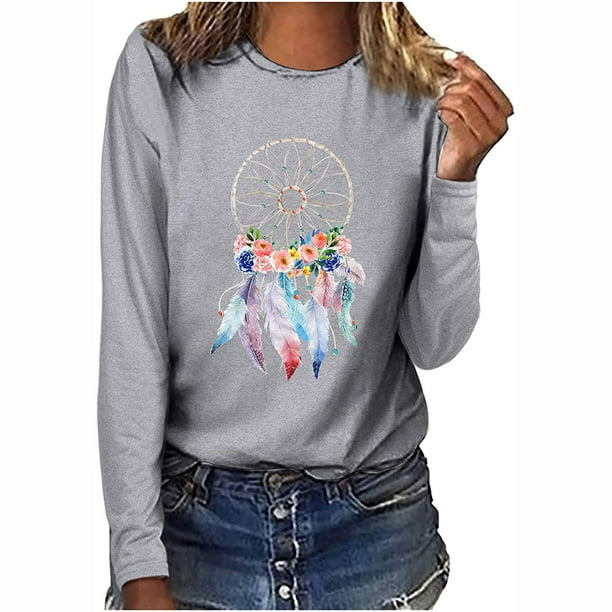 Blusa negra suelta informal de manga larga con estampado de cuello redondo para mujer Pompotops gfhjh2223