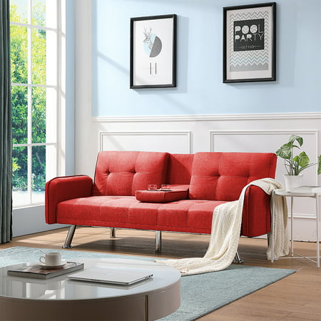 Mid Century Modern Sofa Bed, Sectional Sofa with Metal Legs, Two Cup Holders, Premium Upholstery Fabric Futon Sofa Bed, Love Seat Living Room Bedroom Furniture for Small Space Office, Red, Q11866