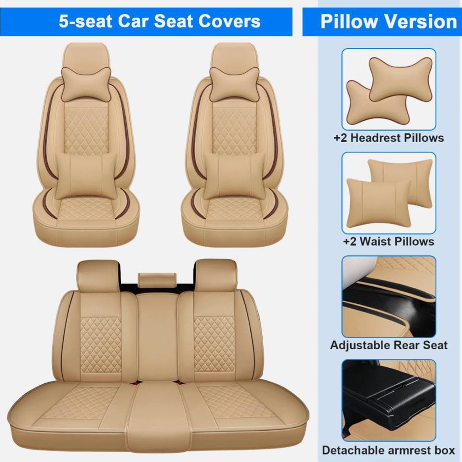 BaiCH Car Seat Covers, Breathable and Waterproof Faux Leather Automotive Seat Covers for Cars SUV Truck Sedan,Universal Anti-Slip Driver Seat Cover with Backrest (Full Seat, Beige)