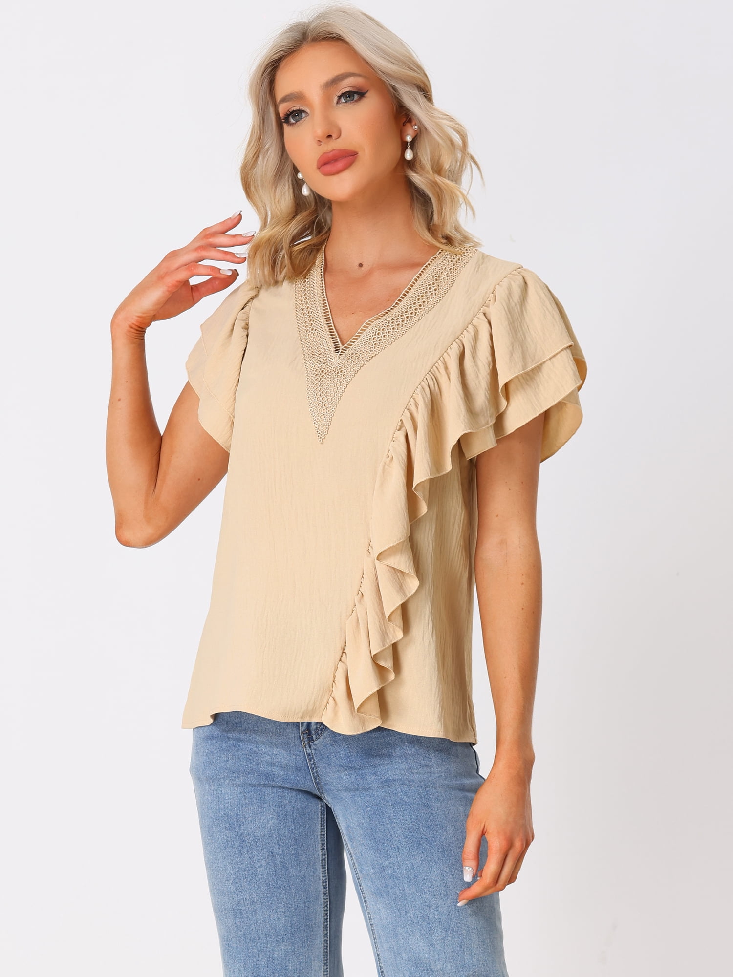 DARING DIVA Women's Ruffle Short Sleeve Elegant V Neck Blouse XS Khaki