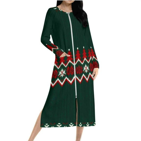 Christmas Zip Robe for Women Fleece Nightgown Long Sleeve Reindeer Print Flannel Sleepwear Warm Winter Loungewear