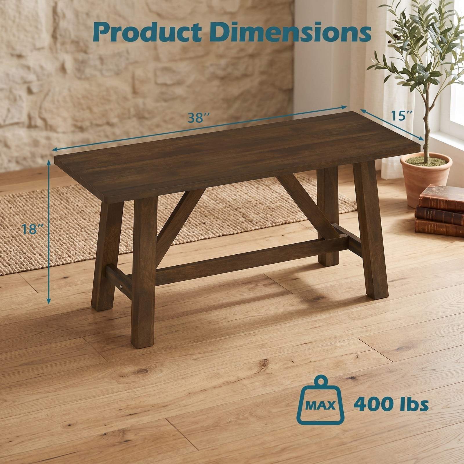 Furnibear Wooden Entryway Bench with Solid Rubber Wood Trestle Legs and 400 lbs Capacity for Hallway and Dining Room, Brown