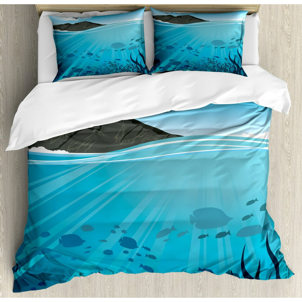 Coastal Queen Size Duvet Cover Set, Silhouettes of Fishes with Sun Rays