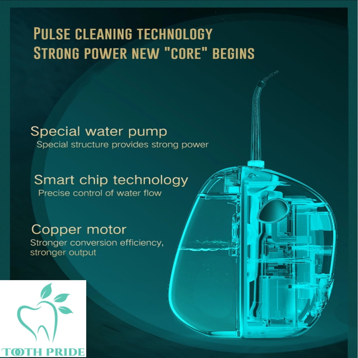 Tooth Pride Cordless Portable Water flosser - Water Safe Dental Oral Irrigator with Foldable Nozzle Head - Powerful Upgraded Water Pressure with Copper Motor Smart Chip Technology