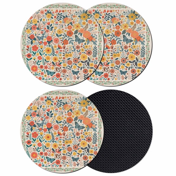 Boho Beige Flowers Coasters Set of 4, Absorbent Coasters for Drinks, Spring Abstract Watercolor Floral Leaf Coaster for Desk Coffee Table Protection, Home Decor House Warming Gifts 4"