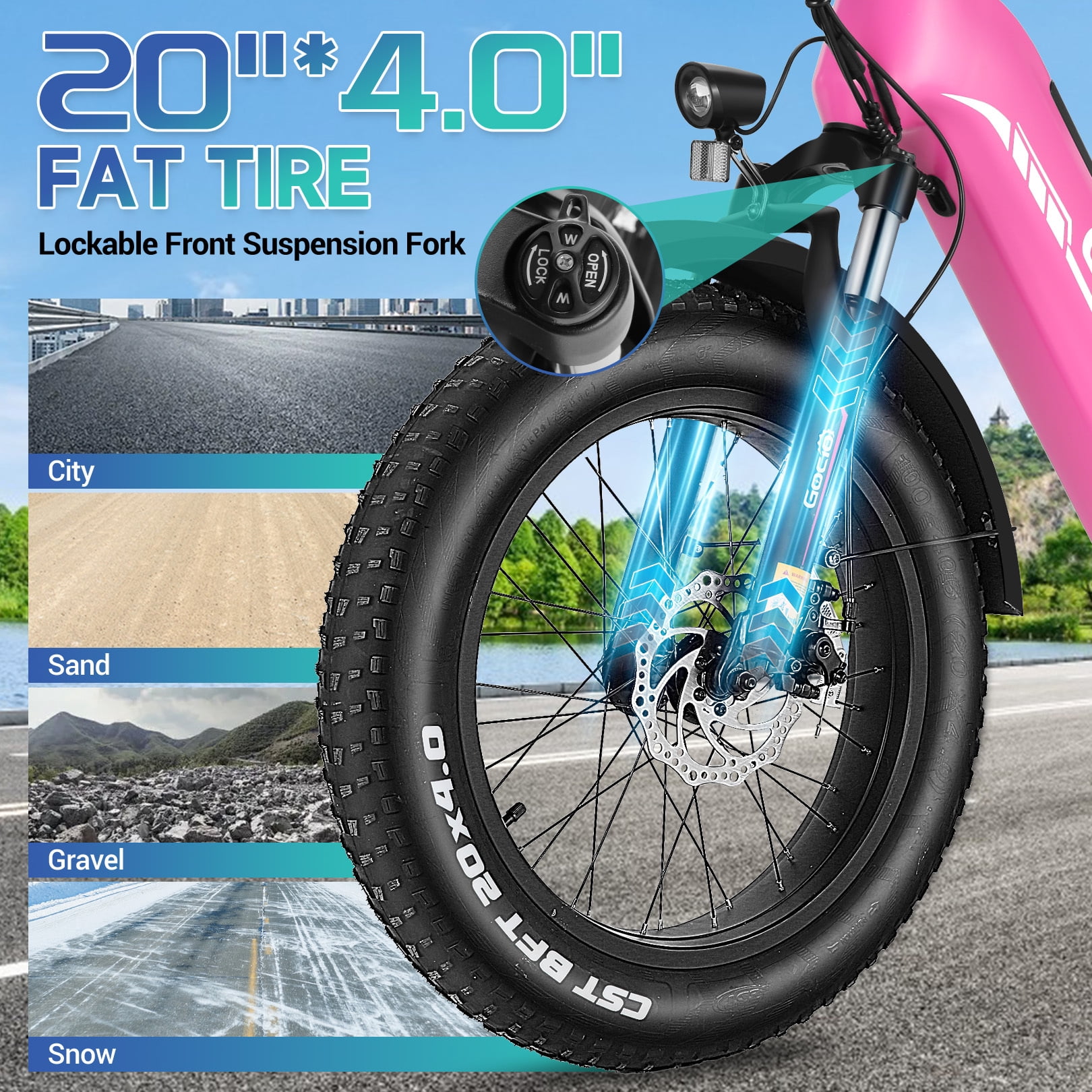 Elifine 500W Peak 1025W Electric Bike for Adults 20"x4" Fat Tire Shimano 7 Speed Ebike UL2849 Pink