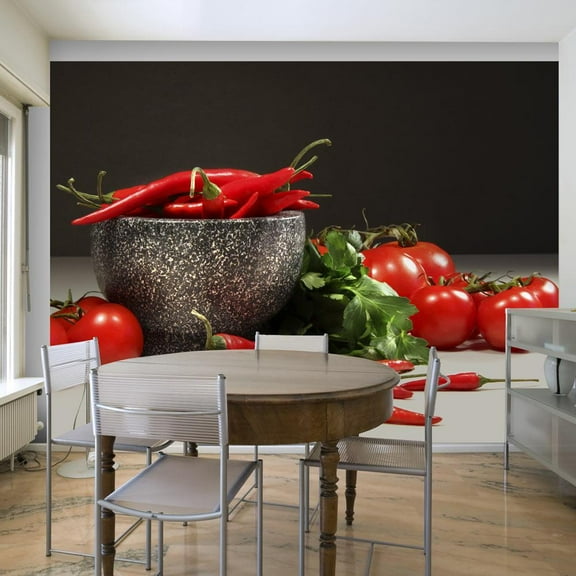 Tiptophomedecor Kitchen Wallpaper Wall Mural - Chili Peppers & Tomatoes