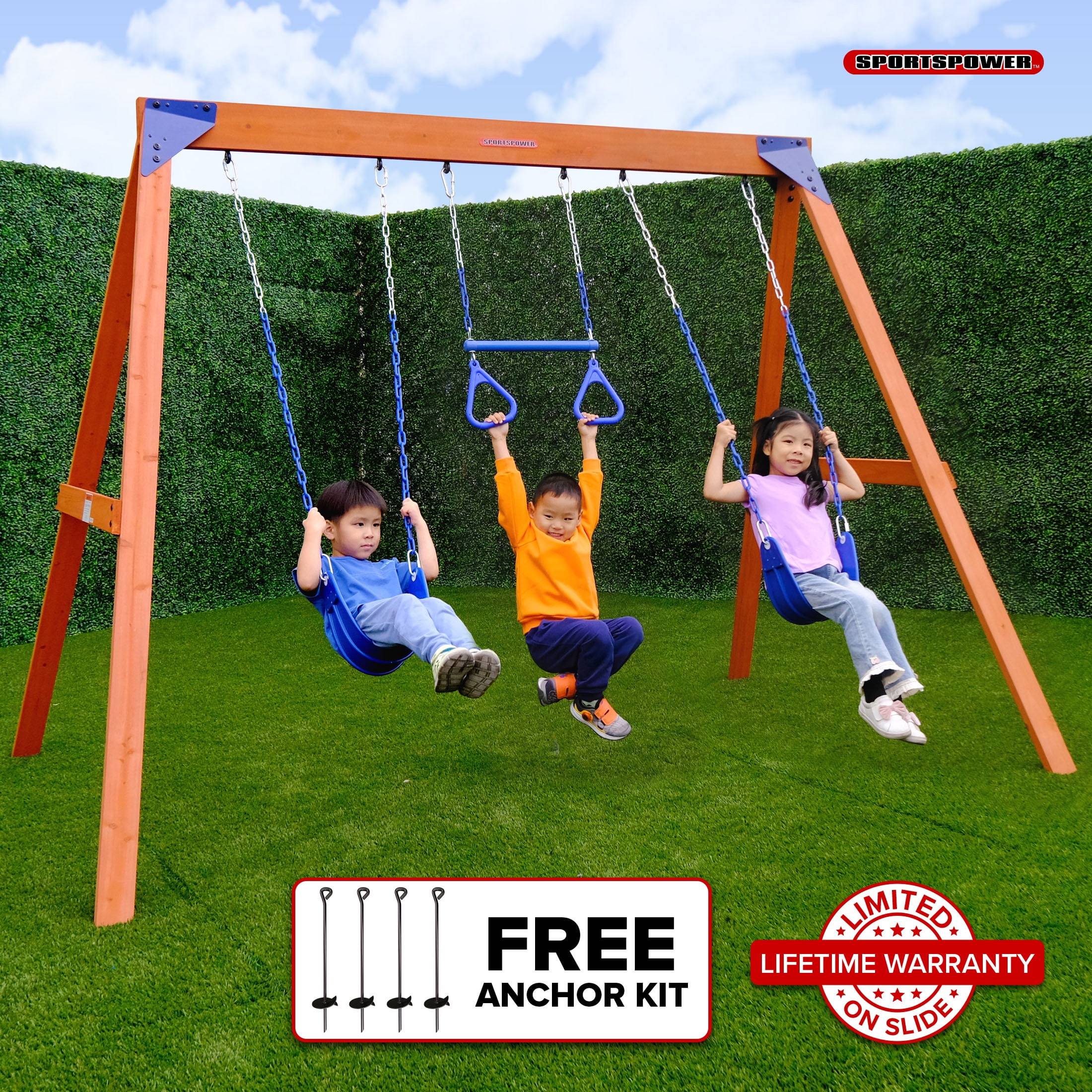 Sportspower Brooklyn Wooden Swing Set with 3 Swings, Great for