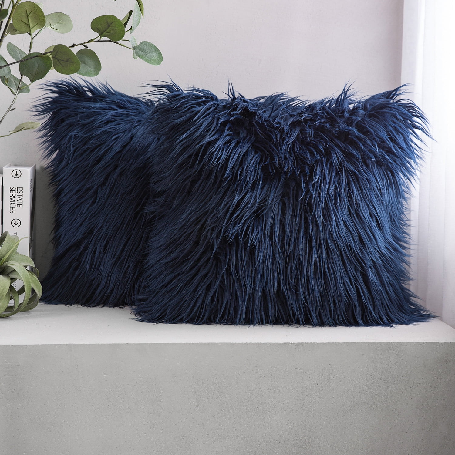 Phantoscope 18" x 18" 2-Pack Faux Fur Decorative Throw Pillows, Plush Cushions with Inserts for Couch, Bed, Chair, Navy Blue
