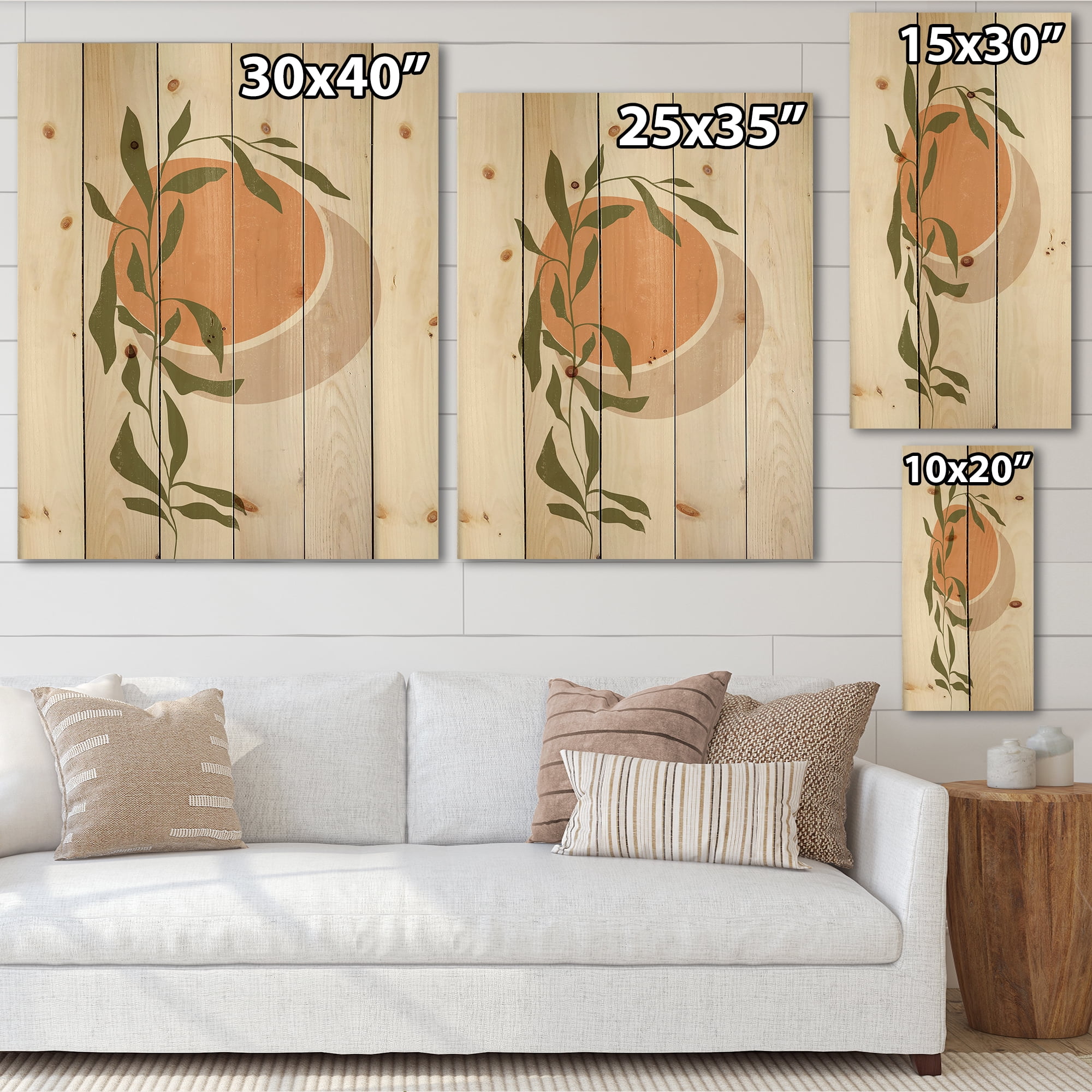 Designart 'Abstract Orange Moon and Sun With Tropical Leaf' Modern Print on Natural Pine Wood