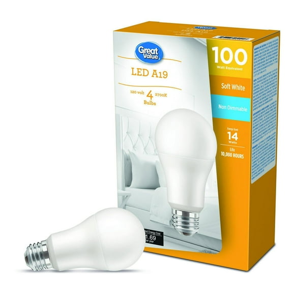 Great Value 60W A19 Soft White LED bulbs 4-pack, GV LED A19 60W