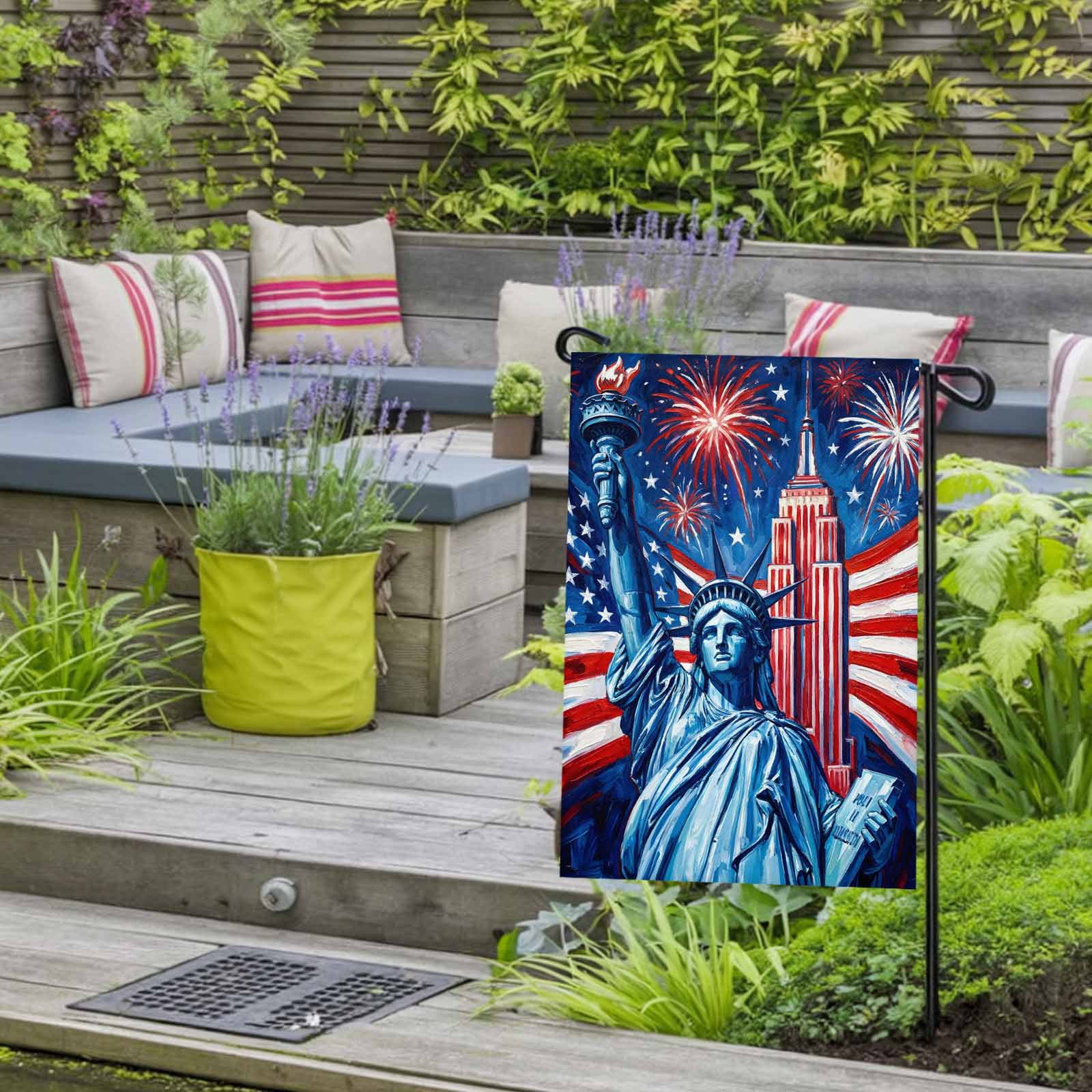 4th of July Garden Flags Statue of Liberty Garden Flag Double Sided Welcome Flag USA Flag Fireworks Cityscape Independence Day Yard Flags for Outdoor Lawn Porch Memorial Day Holiday Decor 28x40 Inch