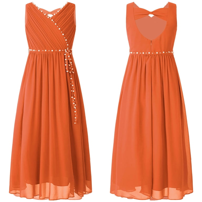Iiniim Kids Flower Girl Dress Sleeveless Beaded Princess Junior Bridesmaid Wedding Party Orange 8