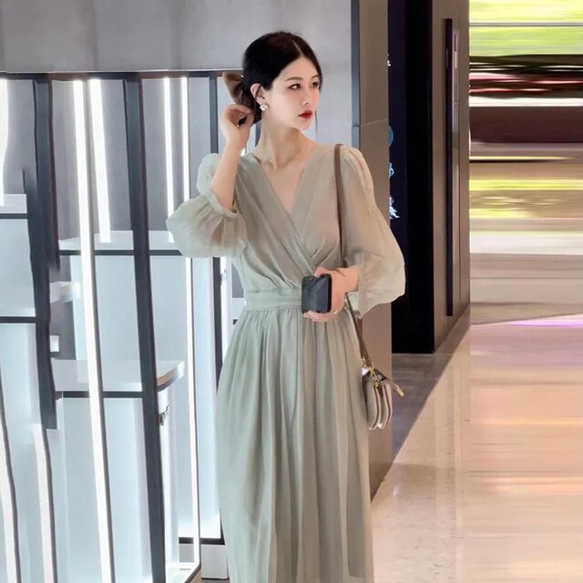 PIKADINGNIS Korean V-neck Maxi Dresses for Women Elegant Chic High