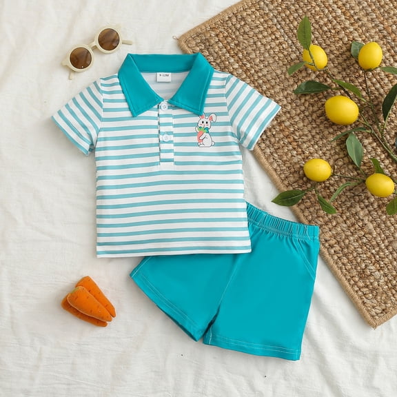 Boys Easter Outfit Boys Easter Striped Bunny Print Short Sleeve Polo and Shorts Set Boys Clothes Blue 9-12 Months