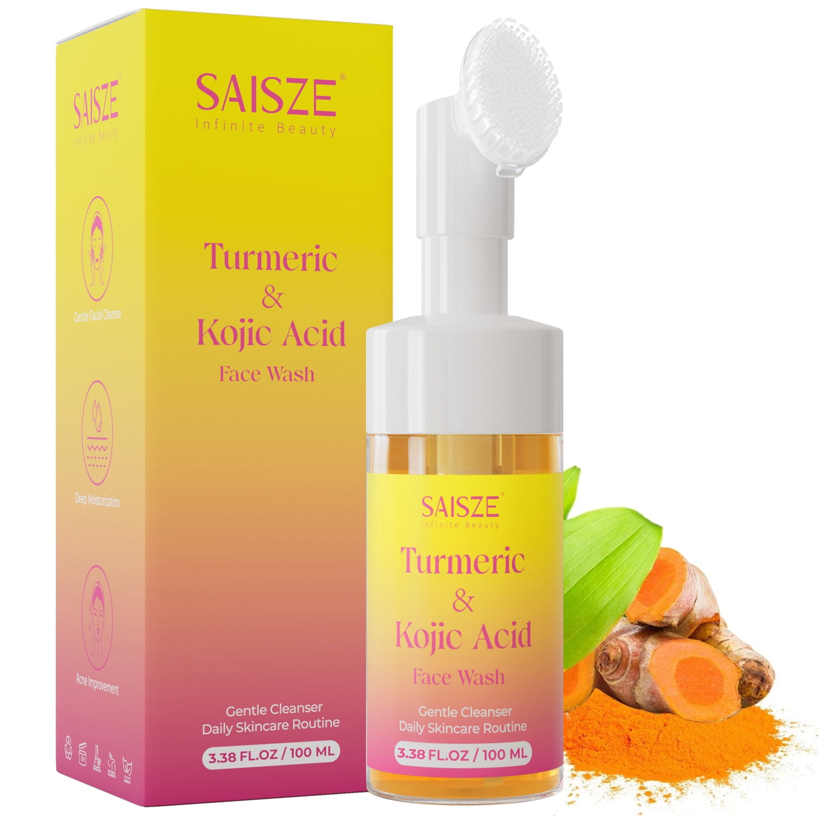 SAISZE Turmeric Foaming Face Wash with Brush, Kojic Acid Facial Cleanser for Dark Spots, Gentle Formula for Daily Cleansing, 3.38 fl oz (100 ml)