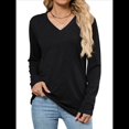 thumbnail image 2 of Camisetas de Mujer con Cuello en V, Larga, Informales, Básicas, Lisas y Suaves Negro XL, 2 of 10