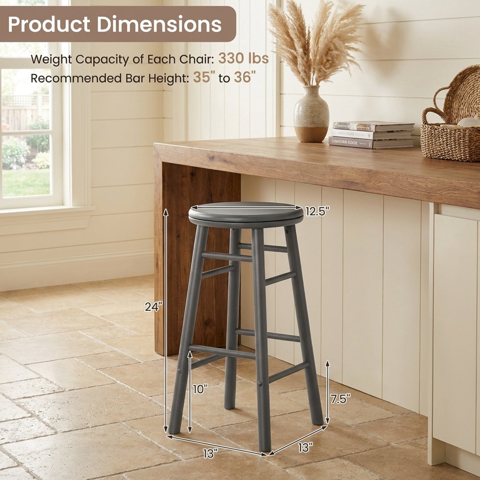 Furnibear 24 Inch Gray Swivel Bar Stools Set of 2 Rubber Wood Counter Chairs with Footrests and Crossbars
