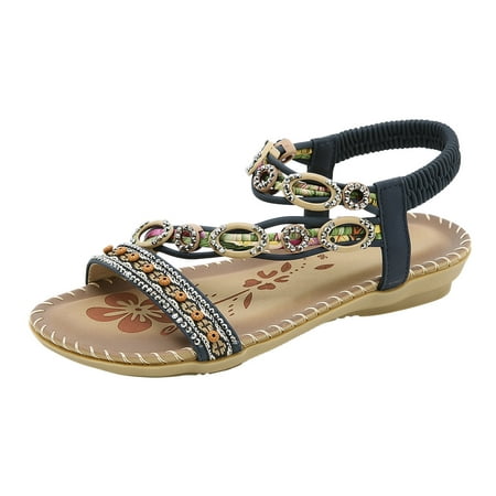 

Fsqjgq Womens Yoga Mat Sandals Size 10 Summer Fashion Women Casual Open Toe Flat Rhinestone Comfortable Soft Bottom Breathable Elastic Band Shoes Sandals Light Slides Blue 41