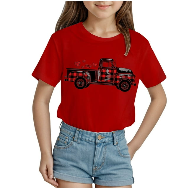 Akiihool T-Shirts Mignons pour Adolescentes Ensemble de T-Shirts pour Fille T-Shirts à Motif de Lettres Manches Courtes Col Rond T-Shirt d'Été (Rouge, 9-10 Ans)