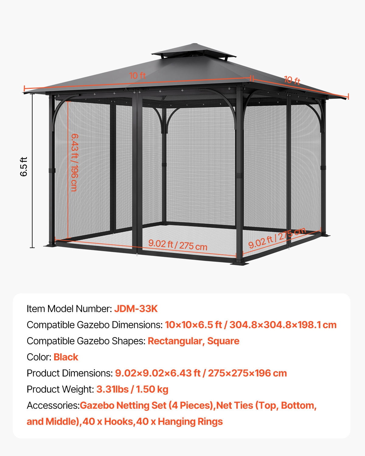 VEVOR Gazebo Netting Replacement, Fit Most 10 x 10 x 6.5 FT Gazebo Curtain, Outdoor Garden Net, 4-Panel Sidewall Mesh Net, Patio Midge Netting with Double Zipper, Canopy Screen (Netting Only)