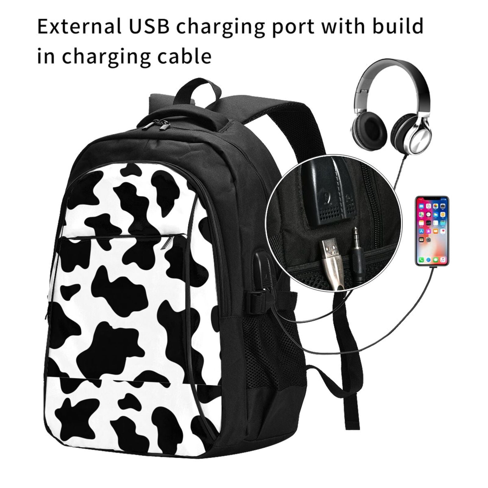 Horeoi Milk Cow Print USB Backpack for Travel School Work with Laptop Compartment Charging Port and Anti-Theft Pocket