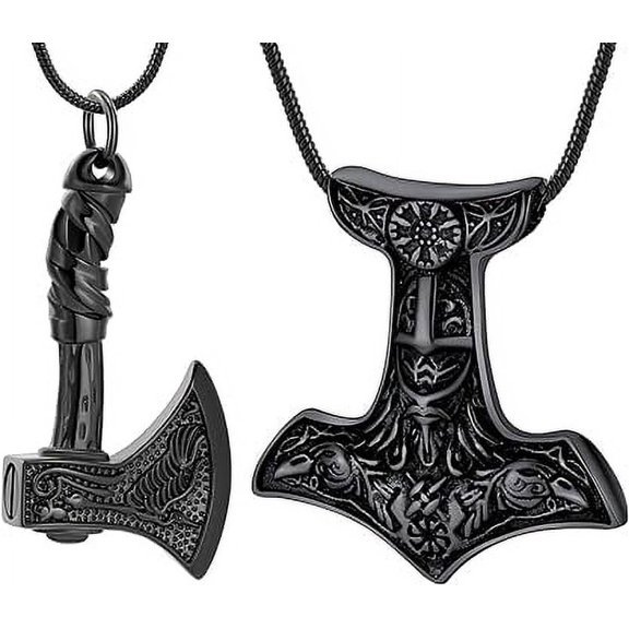 2Pcs Cremation Jewelry for Ashes Thor's Hammer Memorial Urn Necklace for Men,Viking Cremation Necklace Keepsake Pendant for Ashes