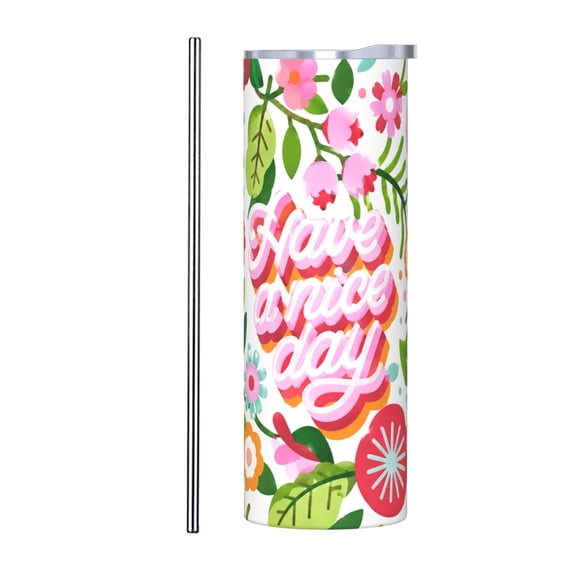 20oz Have A Nice Day Floral Tumbler Insulated Car Cup Travel Coffee Cup Gift for Women with Stainless Steel Straw