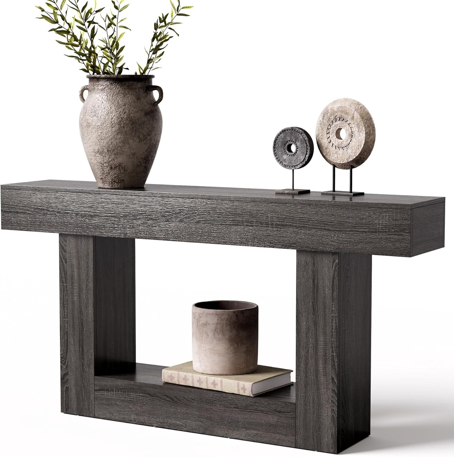 63 Inches Long 2-Tier Farmhouse Console Table, Heavy Duty Sofa Table Behind Couch, Large Narrow Wooden Entryway Table for Living Room, Hallway Foyer (Grey)