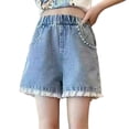 thumbnail image 6 of Virmaxy Lace Elastic Expandable Waist Denim Shorts with Pearl Trim Loose Casual Active Fit Summer Wear for Daily and Casual Wear, for 3-11Y Blue, 6 of 6