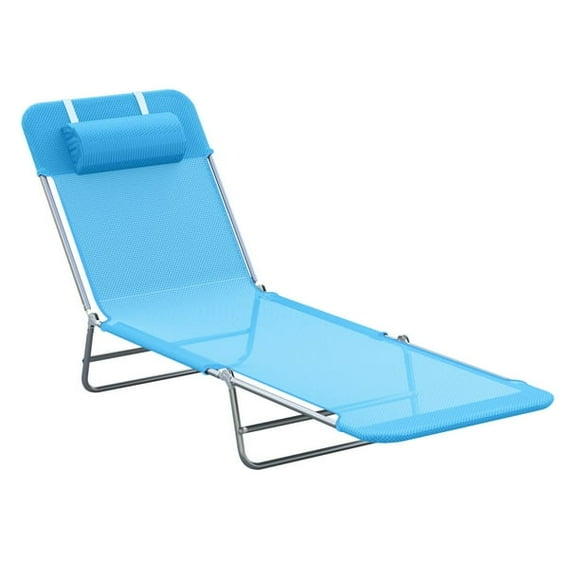 Outsunny Outdoor Lounge Chair, Portable Adjustable Reclining Seat Folding Chaise Lounge Patio Camping Beach Tanning Chair Bed with Pillow, Blue