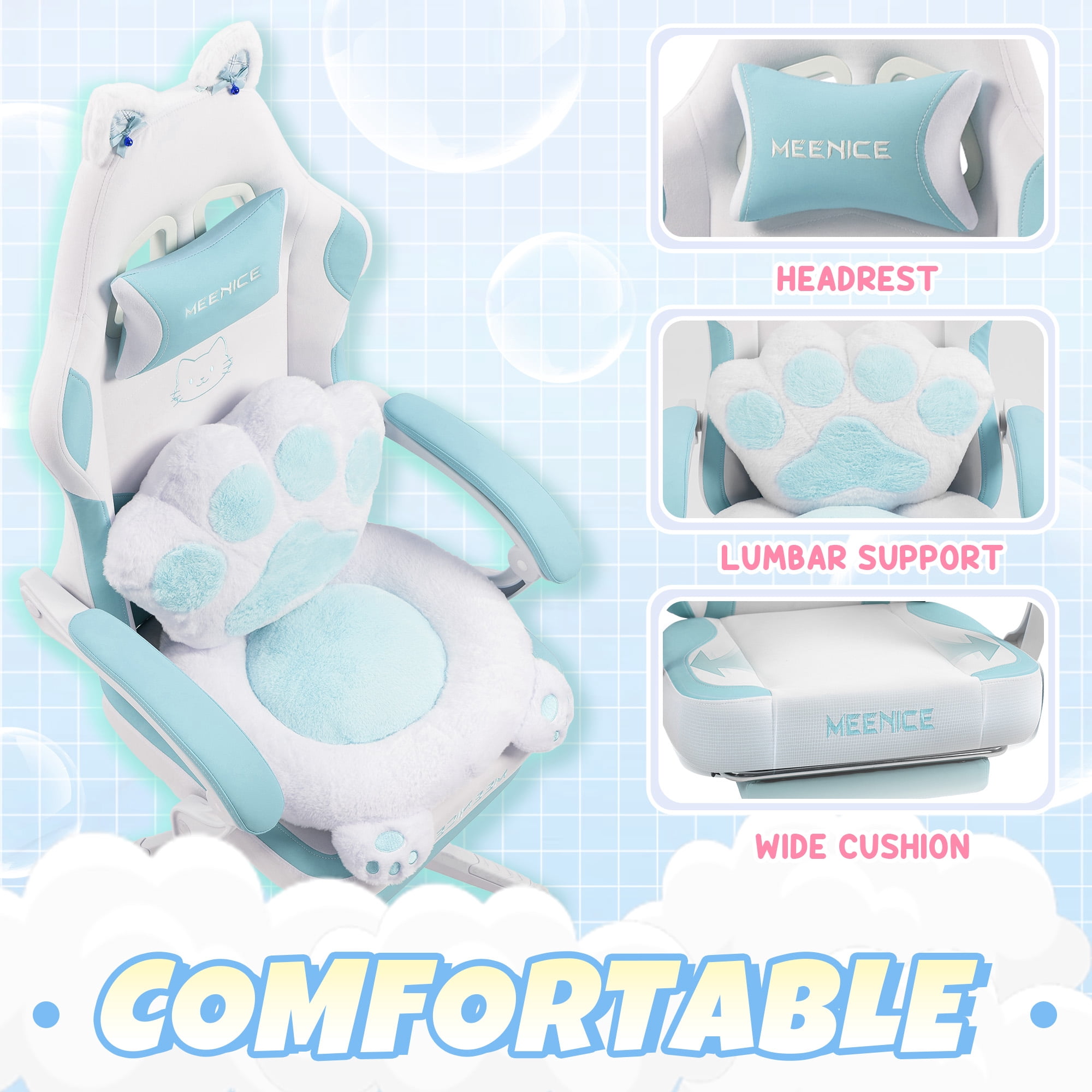KARXAS Adult Cute Cat Ear Paw Print Reclining Fabric PC Gaming Chair with Footrest and Lumbar Support, Blue/White