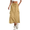 thumbnail image 3 of Busydd Women's Skirts Solid Color Elastic Waist Midi Skirt Casual Drawstring Cargo Long Skirts for Women with Pockets S, 3 of 9