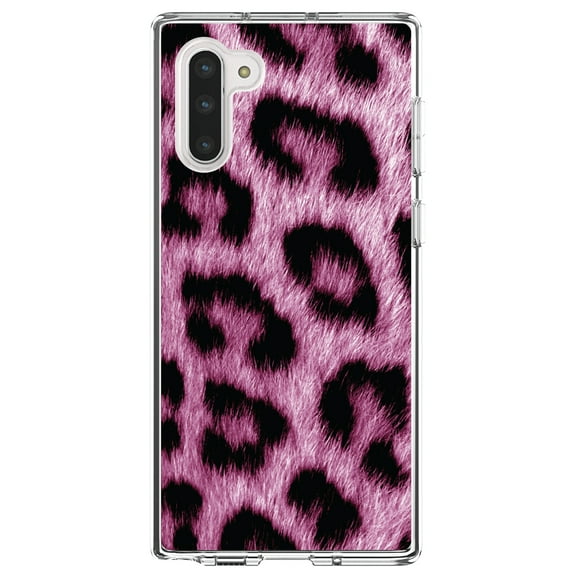DistinctInk Clear Shockproof Hybrid Case for Samsung Galaxy Note 10 (6.3" Screen) - TPU Bumper, Acrylic Back, Tempered Glass Screen Protector - Pink Black Leopard Fur Skin Print