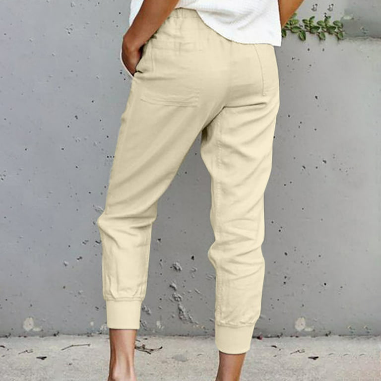 YWDJ Dressy Joggers for Women Women Casual Solid Cotton Linen Drawstring  Elastic Waist Calf Length Pencil Pants Beige XL 