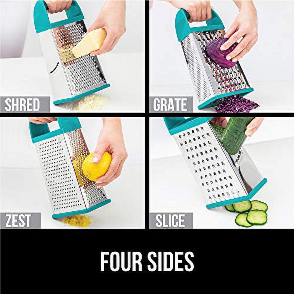 Gorilla Grip Box Grater, Stainless Steel, 4-Sided Graters with Comfortable Handle and Storage Container for Cheese, Vegetables, Ginger, Handheld Food Shredder, Kitchen Zester, 10 inch, Turquoise - image 2 of 9