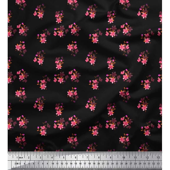 Soimoi Black Rayon Fabric Leaves & Periwinkle Floral Printed Fabric 1 Yard 42 Inch Wide