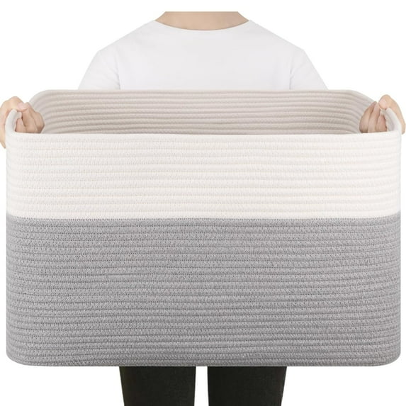 Open Box SIXDOVE 50L BLANKET BASKET, 18"L x 14"W x 12"H - GREY/WHITE