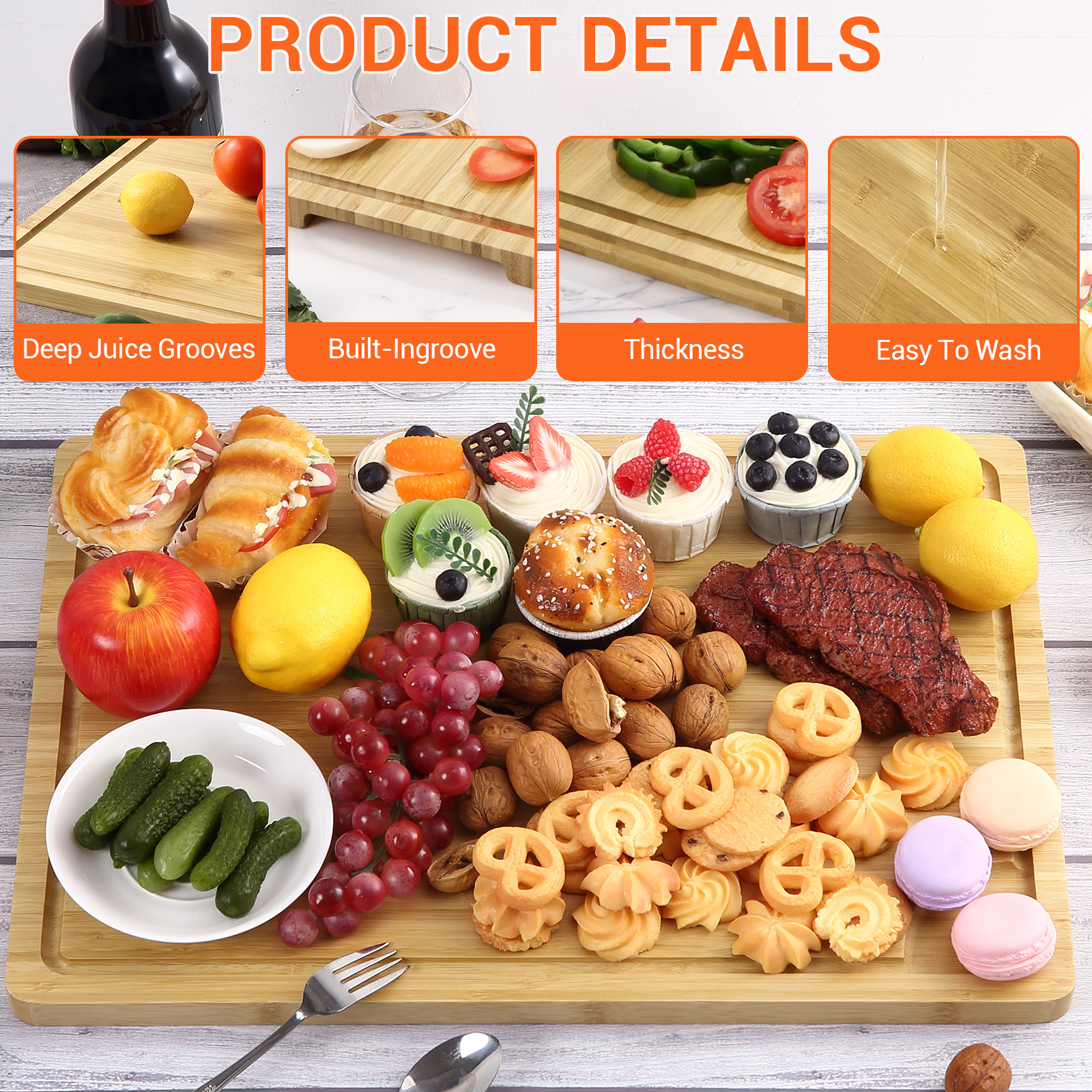 JoanKaren 20"x14" Large Bamboo Cutting Board,Wood Chopping Board with Juice Groove & Handles with Juice Groove & Handles